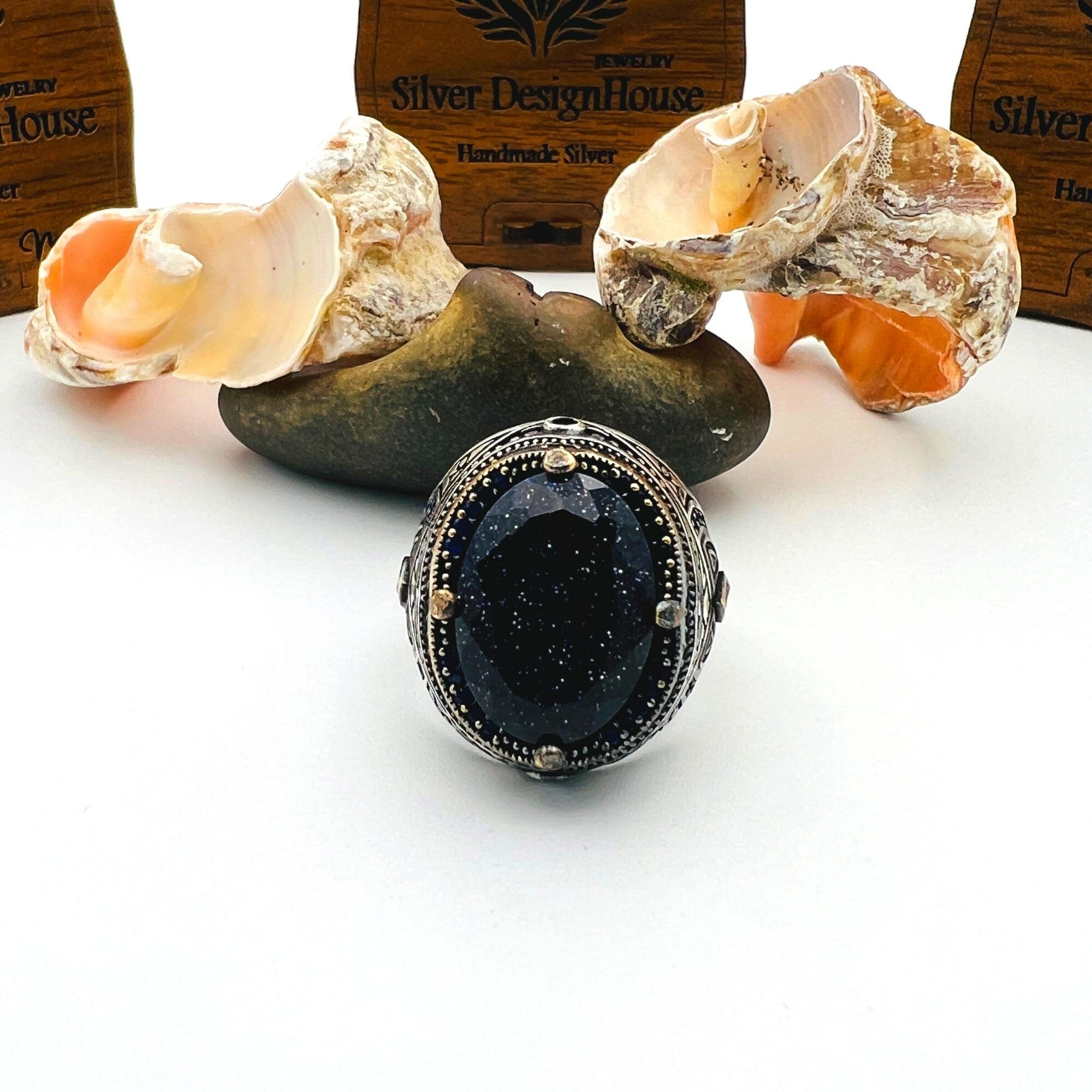 خاتم بيضاوي من الحجر الرملي الفضي الإسترليني 925 مصنوع يدوياً للرجال بتفصيل نسر - مجوهرات بيان على الطراز العثماني