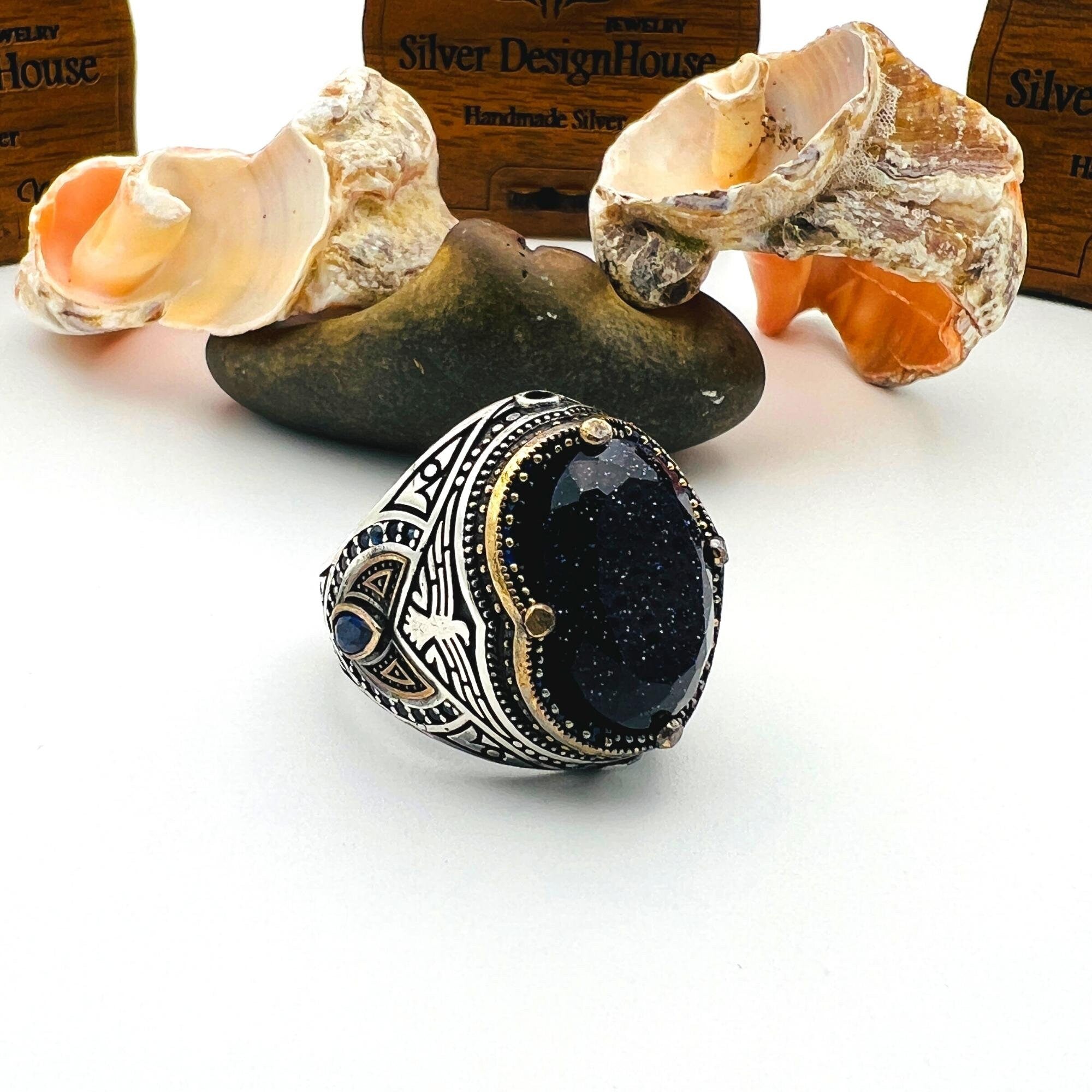 خاتم بيضاوي من الحجر الرملي الفضي الإسترليني 925 مصنوع يدوياً للرجال بتفصيل نسر - مجوهرات بيان على الطراز العثماني