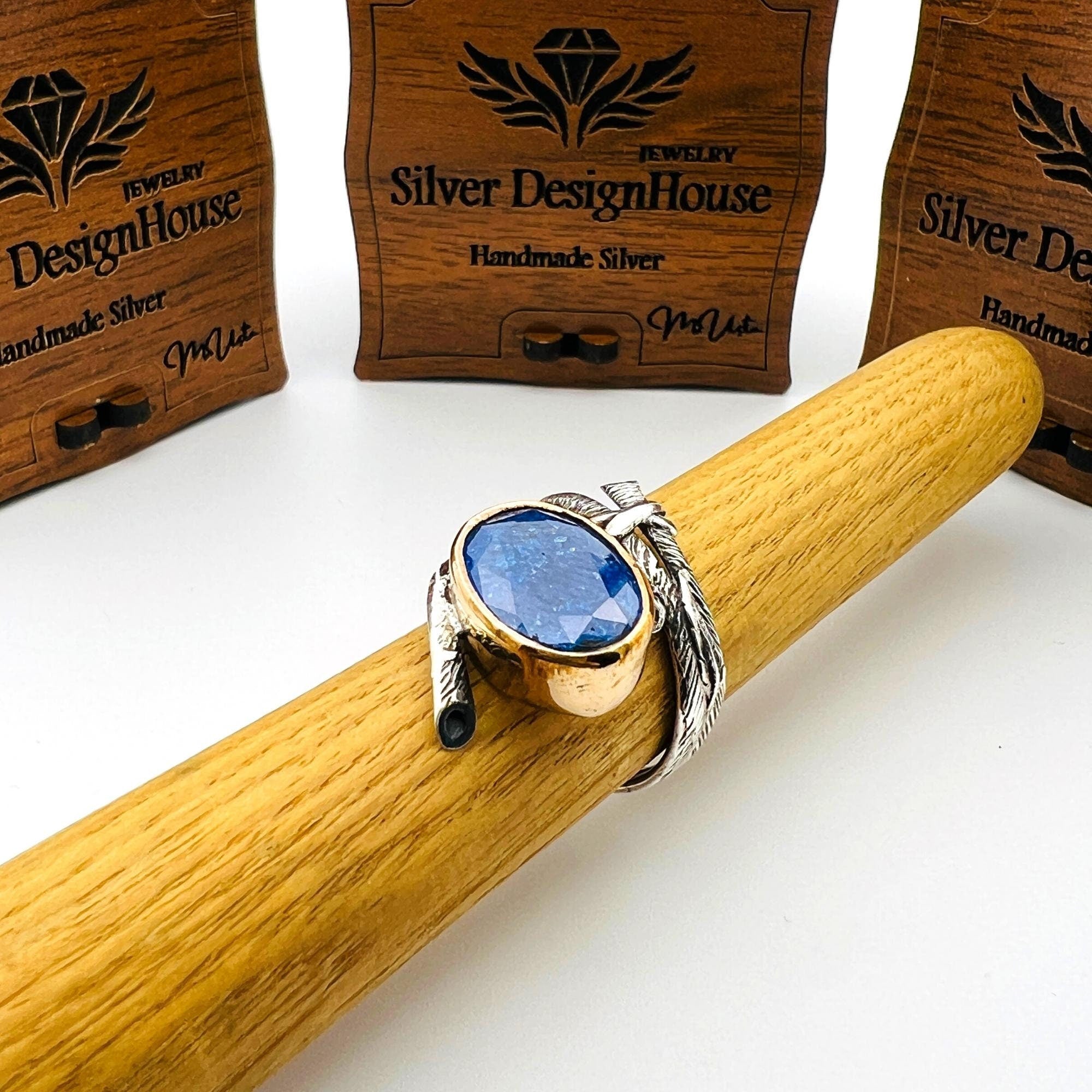 Turkish Handmade 925 Sterling Silver Blue Sandstone Women's Adjustable Ring - Vintage Style