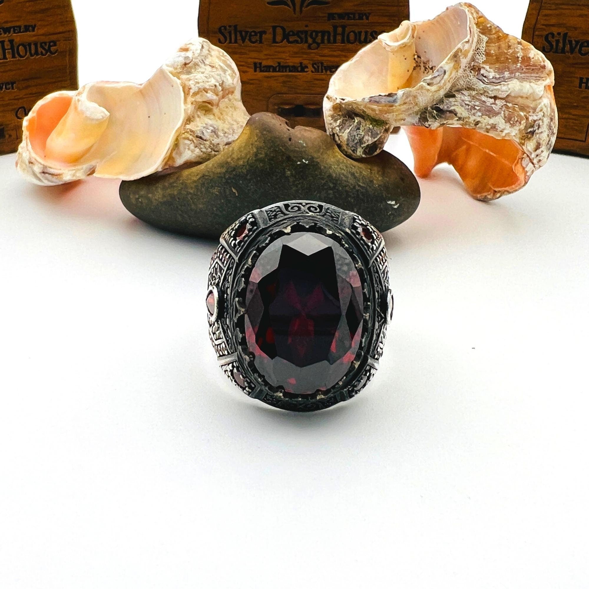 Men's Turkish Handmade Sterling Silver Red Ruby Oval Ring - 925 Gemstone Jewelry Gift for Him