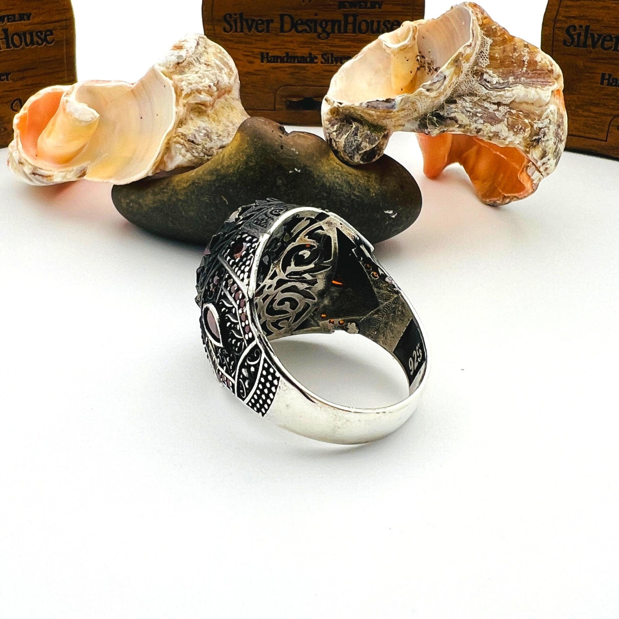 Men's Turkish Handmade Sterling Silver Red Ruby Oval Ring - 925 Gemstone Jewelry Gift for Him