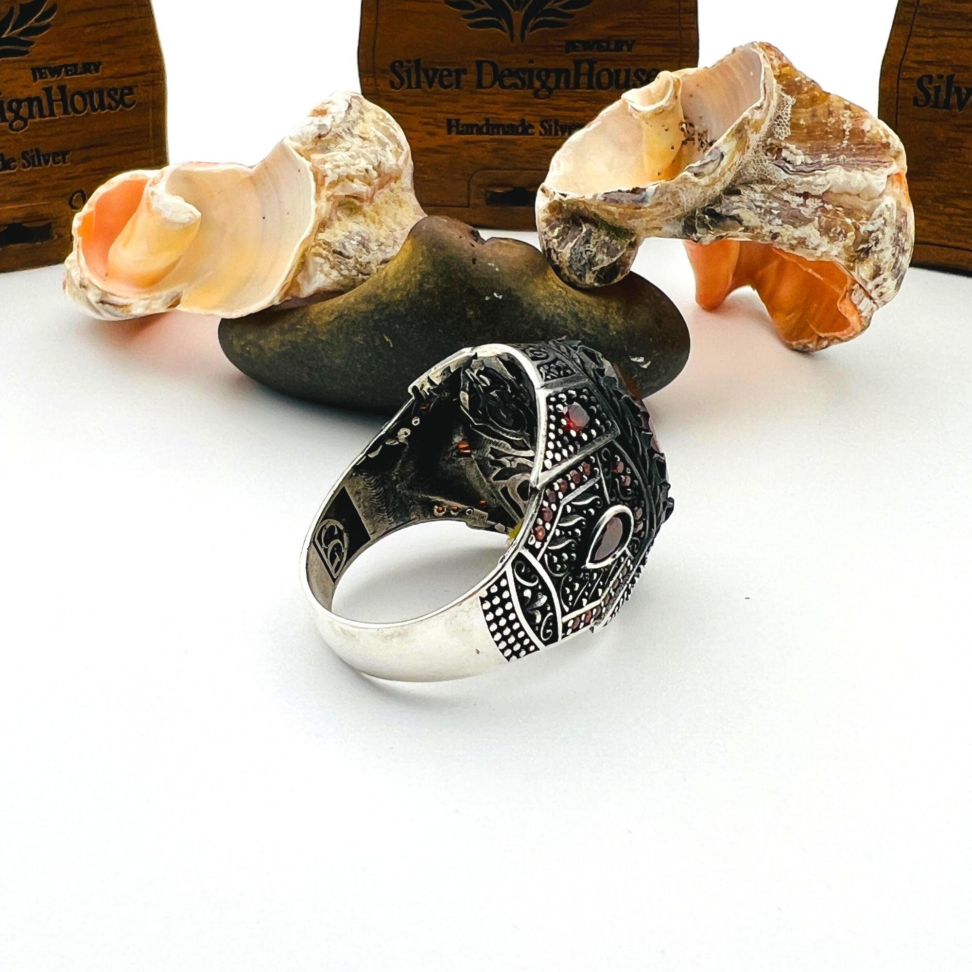 Men's Turkish Handmade Sterling Silver Red Ruby Oval Ring - 925 Gemstone Jewelry Gift for Him