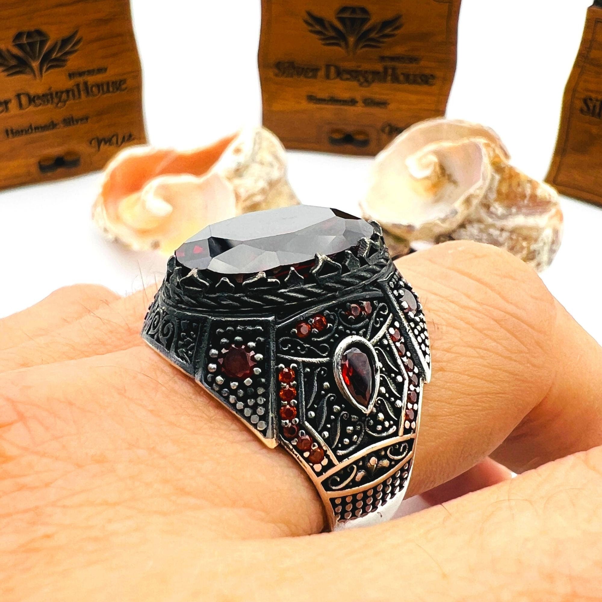 Men's Turkish Handmade Sterling Silver Red Ruby Oval Ring - 925 Gemstone Jewelry Gift for Him