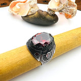 Men's Turkish Handmade Sterling Silver Red Ruby Oval Ring - 925 Gemstone Jewelry Gift for Him