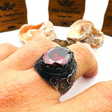 Men's Turkish Handmade Sterling Silver Red Ruby Oval Ring - 925 Gemstone Jewelry Gift for Him
