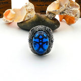 خاتم رجالي فريد مصنوع يدويًا من الفضة الإسترلينية 925 مع توباز أزرق وياقوت - حجر كريم على الطراز العثماني التركي