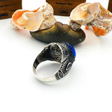 خاتم رجالي فريد مصنوع يدويًا من الفضة الإسترلينية 925 مع توباز أزرق وياقوت - حجر كريم على الطراز العثماني التركي