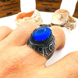 خاتم رجالي فريد مصنوع يدويًا من الفضة الإسترلينية 925 مع توباز أزرق وياقوت - حجر كريم على الطراز العثماني التركي