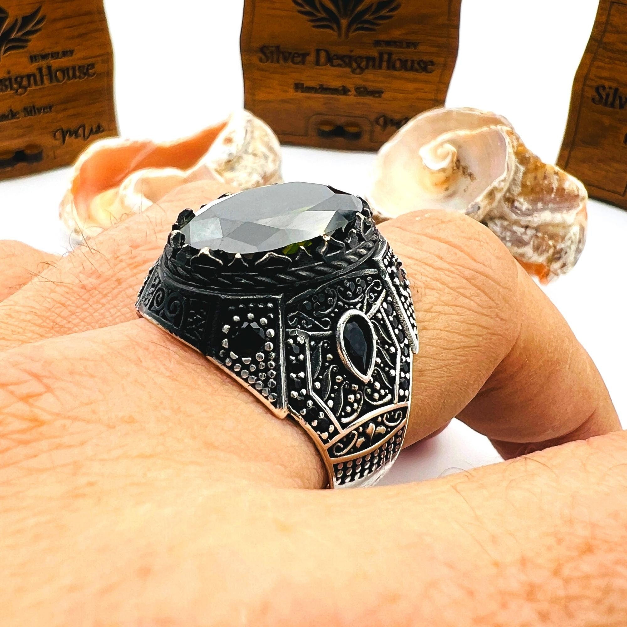 Men's Ottoman Style Peridot Sterling Silver Ring - Handcrafted Turkish Jewelry