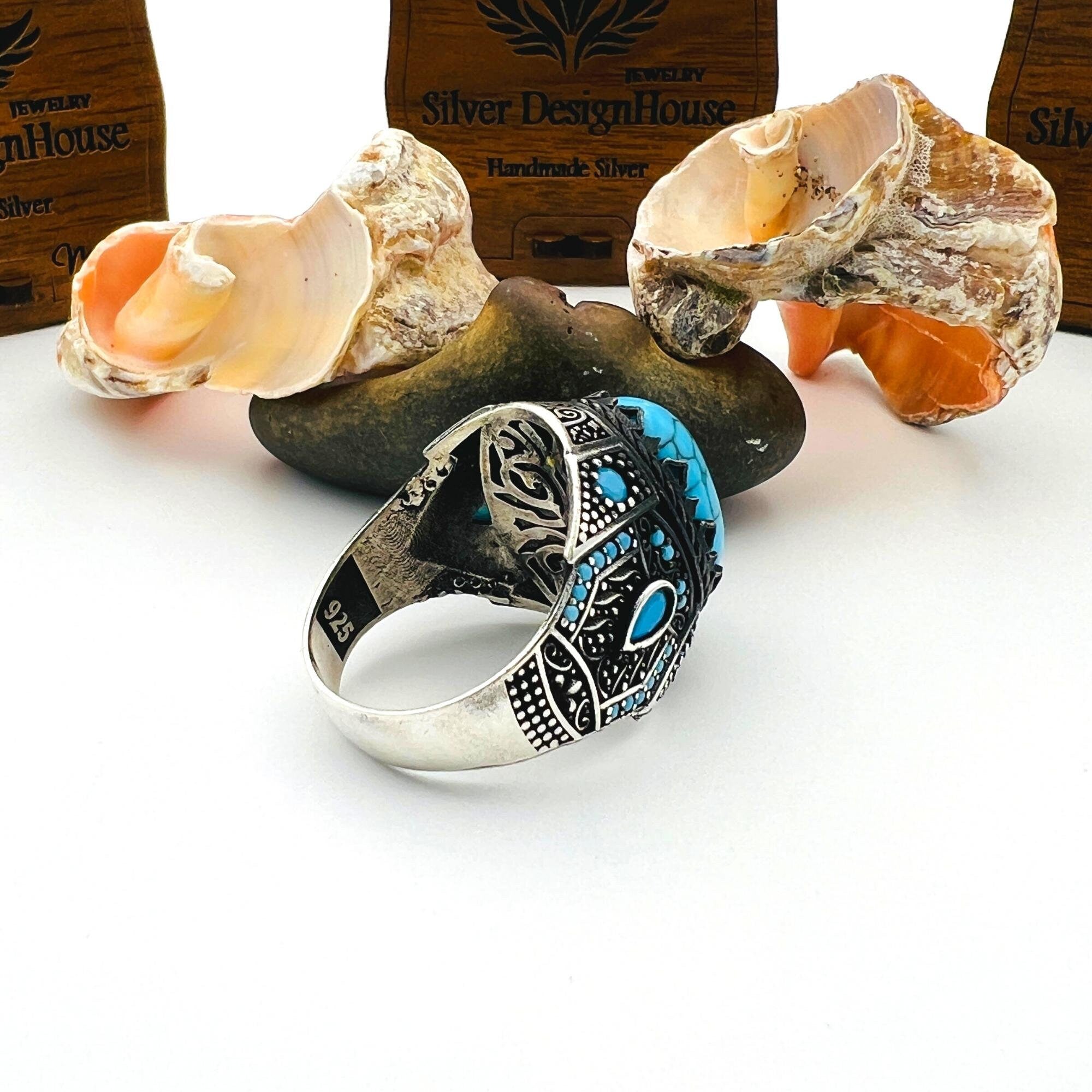 Men's Handcrafted Sterling Silver Blue Topaz Turquoise Ring - Ottoman Style Statement Jewelry Gift