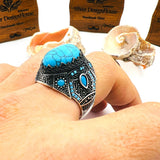 Men's Handcrafted Sterling Silver Blue Topaz Turquoise Ring - Ottoman Style Statement Jewelry Gift