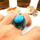 Men's Handcrafted Sterling Silver Blue Topaz Turquoise Ring - Ottoman Style Statement Jewelry Gift