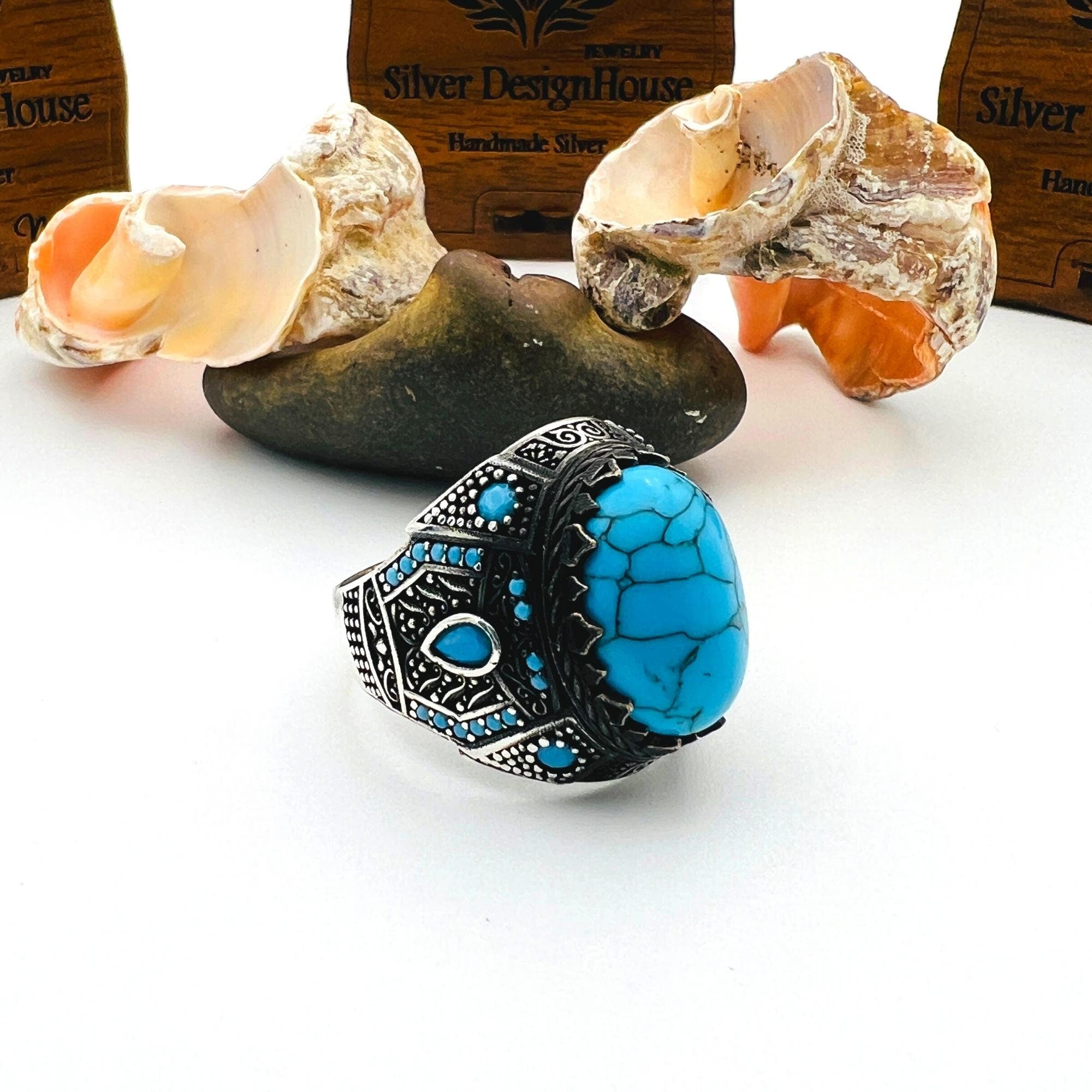 Men's Handcrafted Sterling Silver Blue Topaz Turquoise Ring - Ottoman Style Statement Jewelry Gift