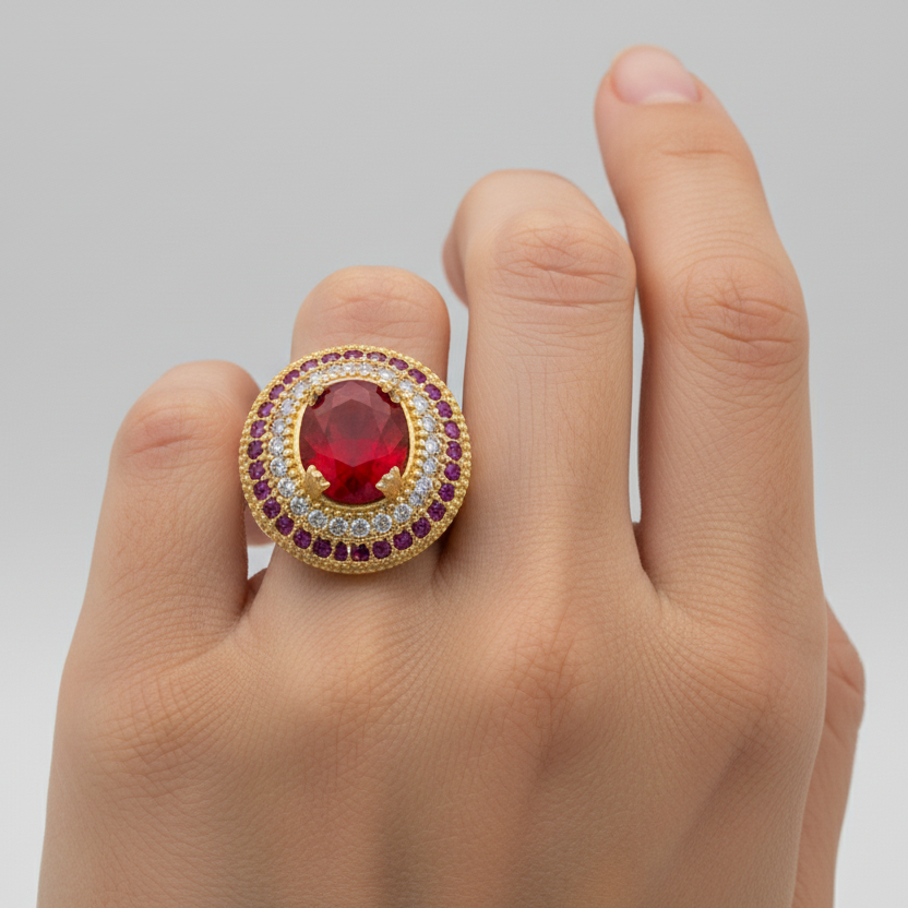 Handgefertigter türkischer Sterlingsilber-Ring mit rotem Turmalin in Ovalform | Osmanischer Stil Damen Edelstein Schmuck | Von Hurrem Sultan inspiriertes Geschenk