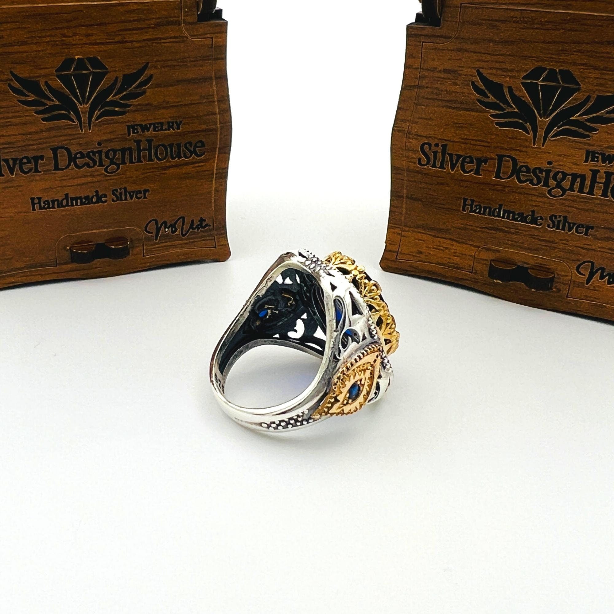 Turkish Handmade Men's Ottoman Blue Sapphire 925 Sterling Silver Ring