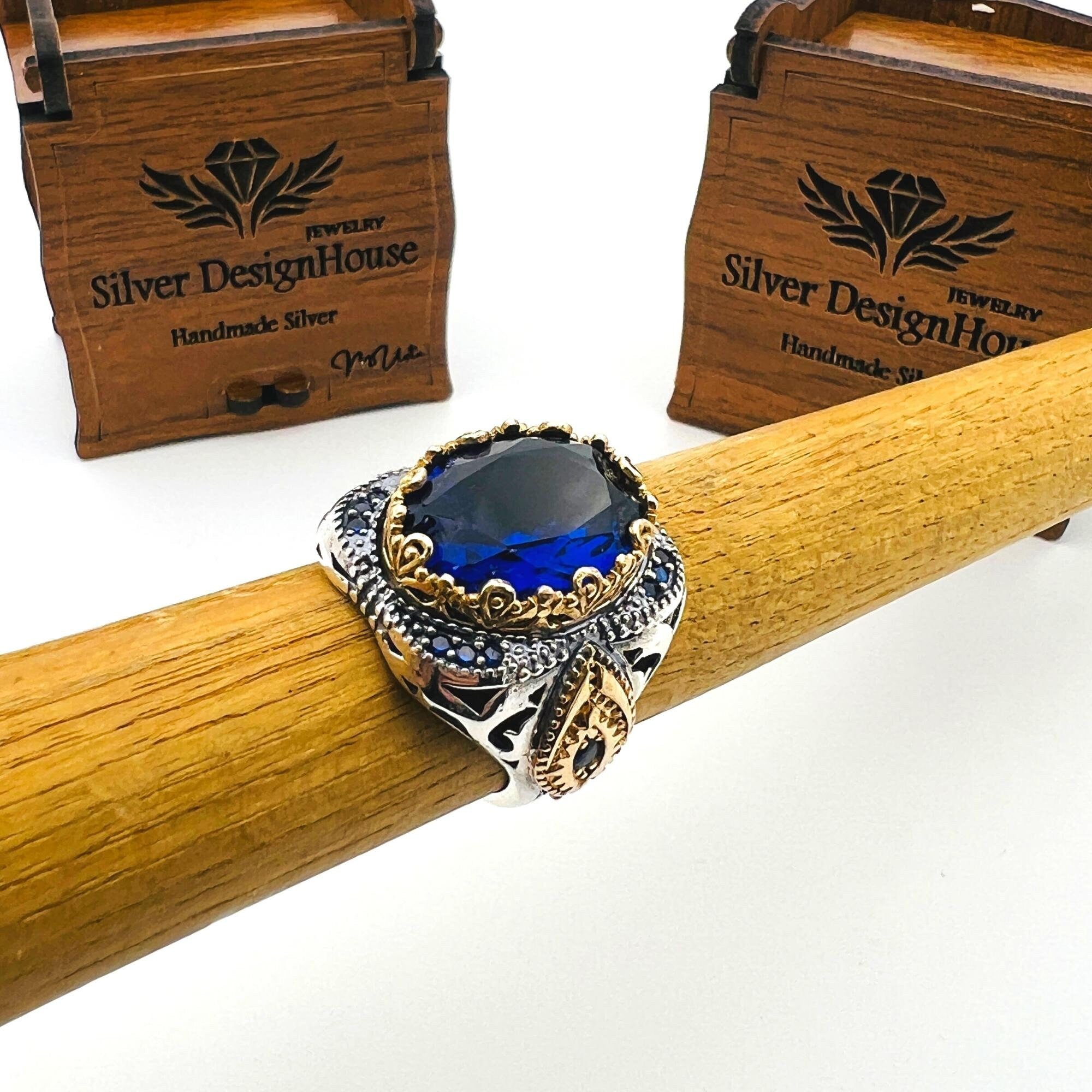 Turkish Handmade Men's Ottoman Blue Sapphire 925 Sterling Silver Ring