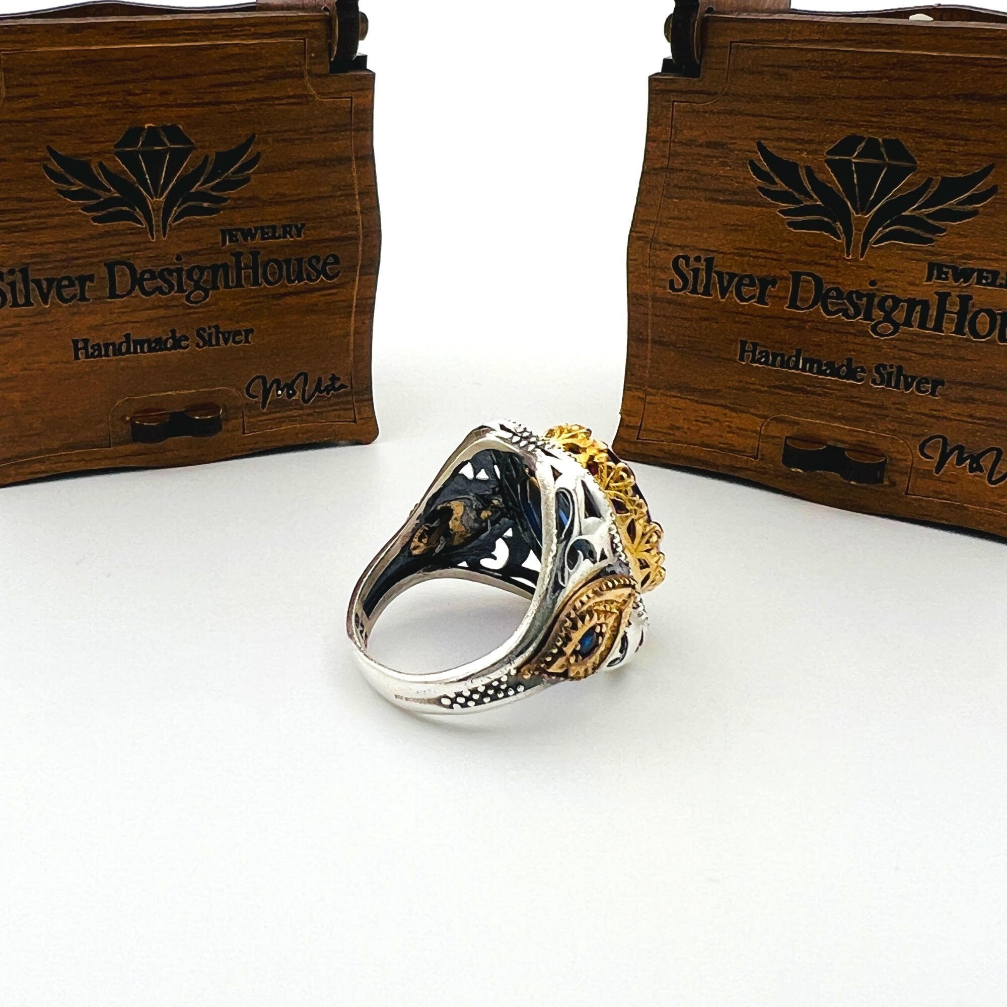 خاتم فضة بحجر تورمالين أرجواني-أزرق للرجال