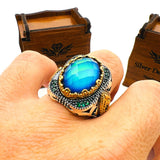 خاتم رجالي تركي أصلي مصنوع يدويًا من الفضة الإسترلينية 925 بحجر بيضاوي متعدد الألوان