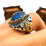 خاتم رجالي تركي أصلي مصنوع يدويًا من الفضة الإسترلينية 925 بحجر بيضاوي متعدد الألوان