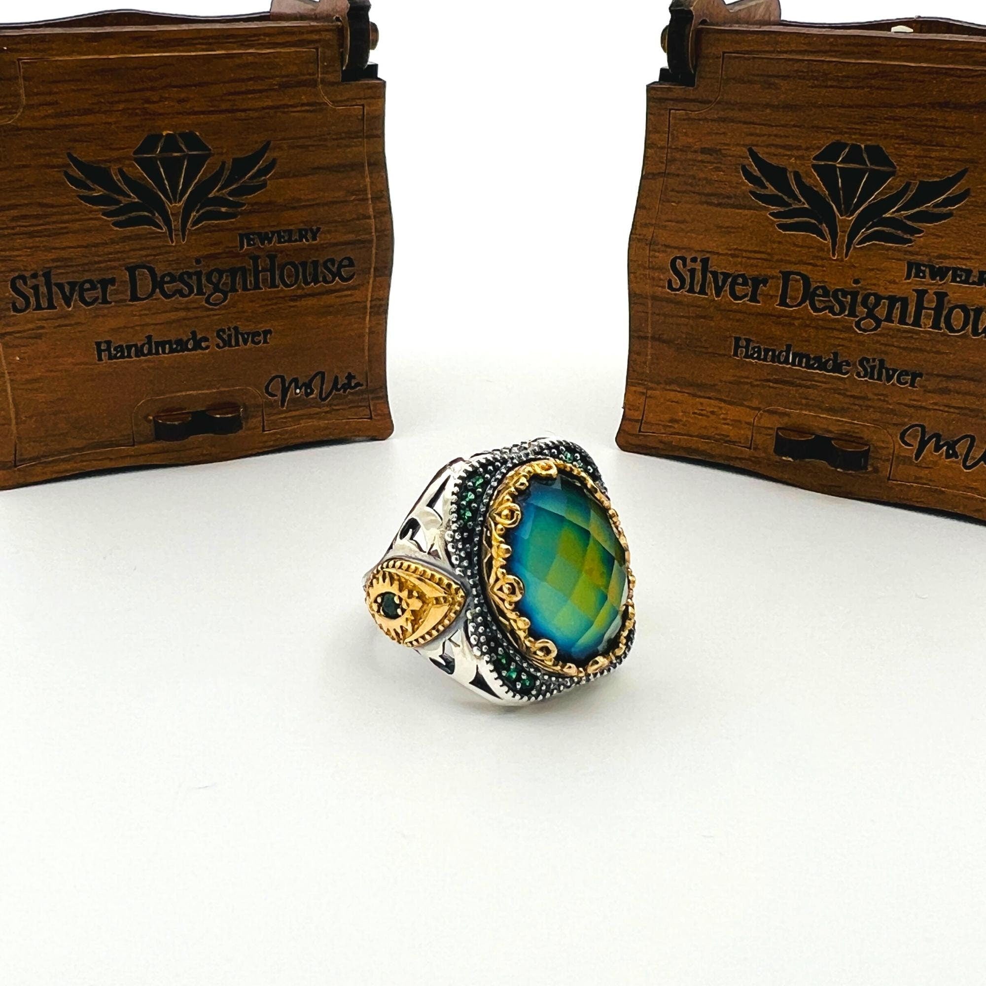 خاتم رجالي تركي أصلي مصنوع يدويًا من الفضة الإسترلينية 925 بحجر بيضاوي متعدد الألوان