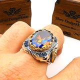 خاتم رجالي عثماني تركي يدوي الصنع من الفضة الإسترلينية متعددة الألوان بتصميم بيضاوي من التانزانيت