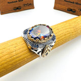 خاتم رجالي عثماني تركي يدوي الصنع من الفضة الإسترلينية متعددة الألوان بتصميم بيضاوي من التانزانيت