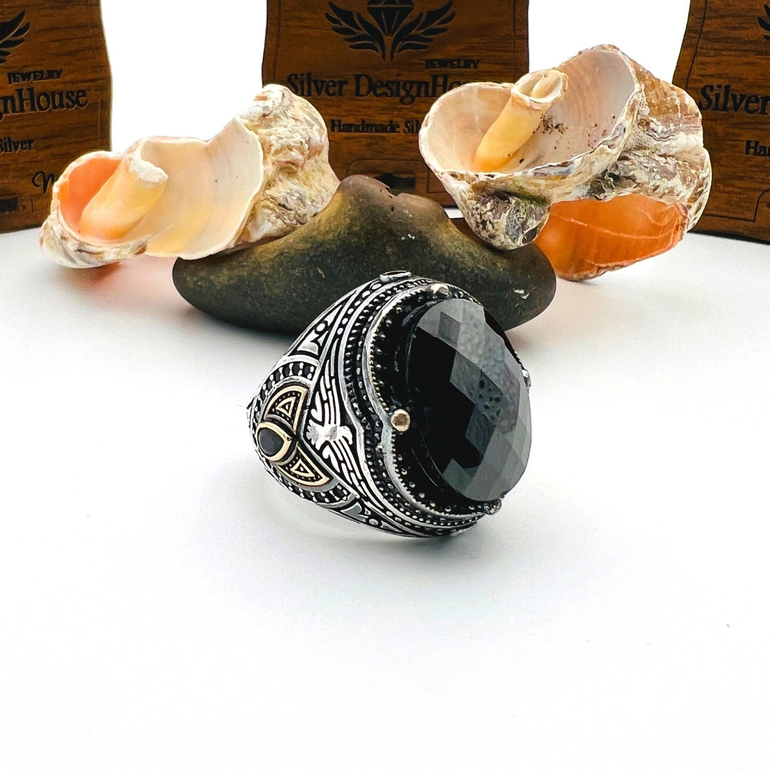 Anello in argento sterling 925 ovale naturale onice nero 8 Anello in argento sterling 925 ovale naturale onice nero 8