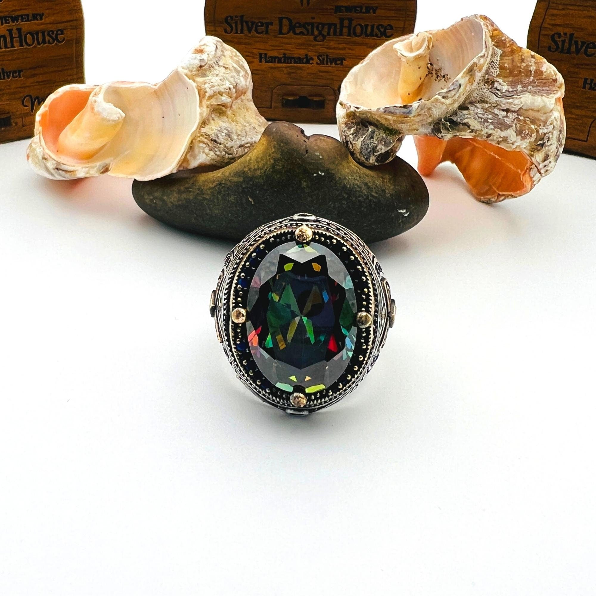 Exquisite Men's Mystic Topaz Oval Stone Silver Ring