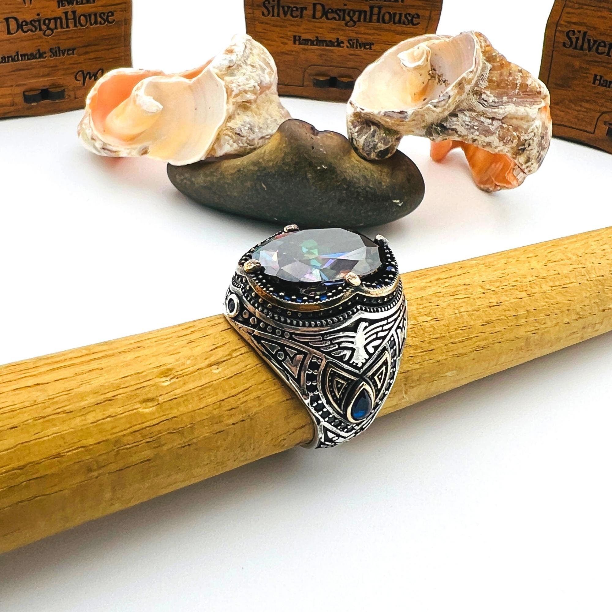 Exquisite Men's Mystic Topaz Oval Stone Silver Ring