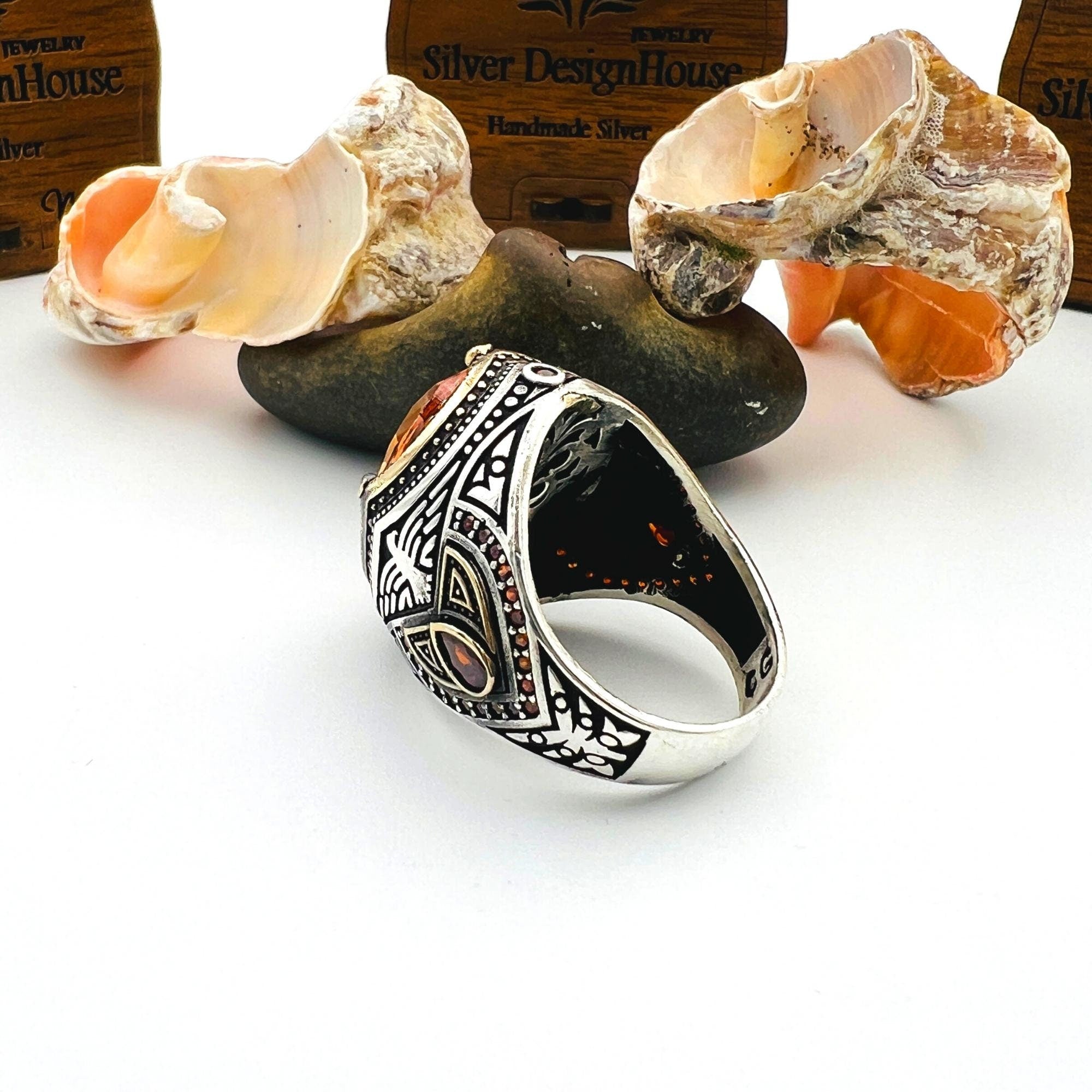 خاتم رجالي فاخر على الطراز العثماني من الفضة الإسترلينية 925 | سترين شمبانيا وتفصيل نسر | صناعة يدوية تركية