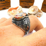 خاتم رجالي فاخر على الطراز العثماني من الفضة الإسترلينية 925 | سترين شمبانيا وتفصيل نسر | صناعة يدوية تركية