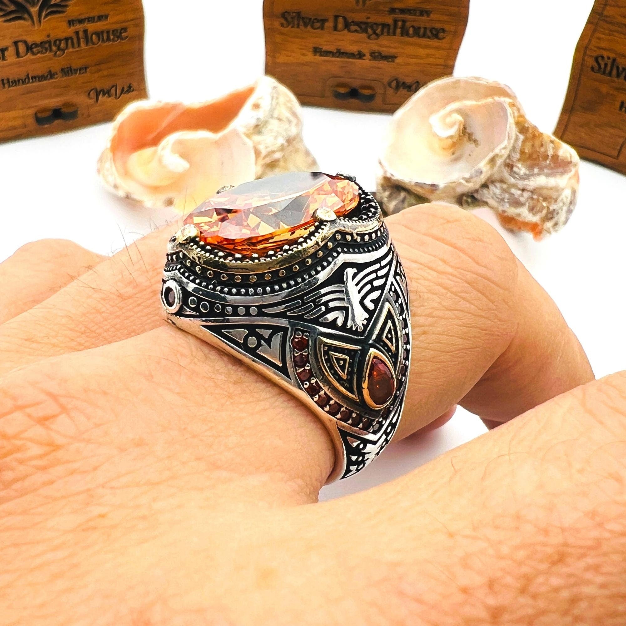 خاتم رجالي فاخر على الطراز العثماني من الفضة الإسترلينية 925 | سترين شمبانيا وتفصيل نسر | صناعة يدوية تركية