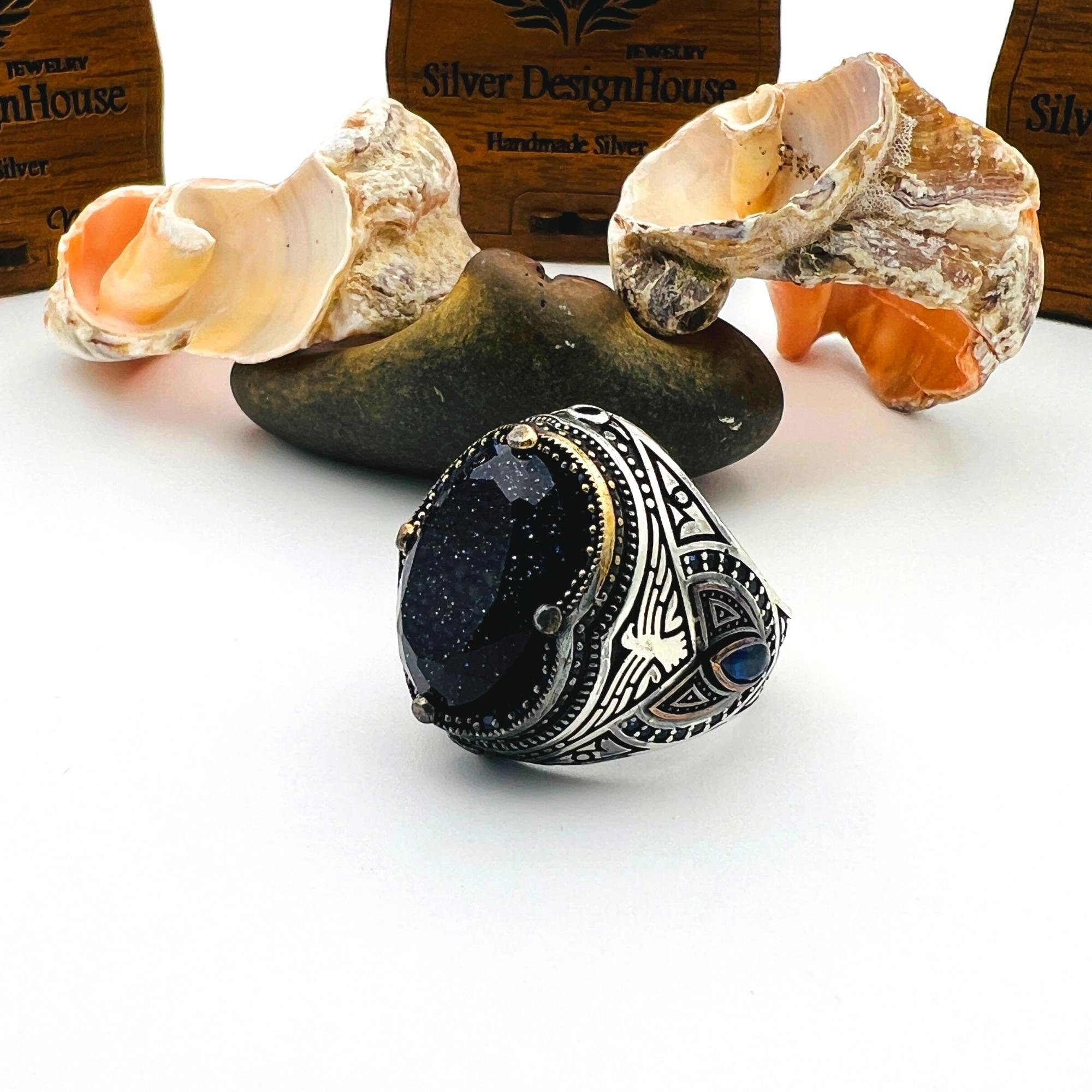 خاتم بيضاوي من الحجر الرملي الفضي الإسترليني 925 مصنوع يدوياً للرجال بتفصيل نسر - مجوهرات بيان على الطراز العثماني