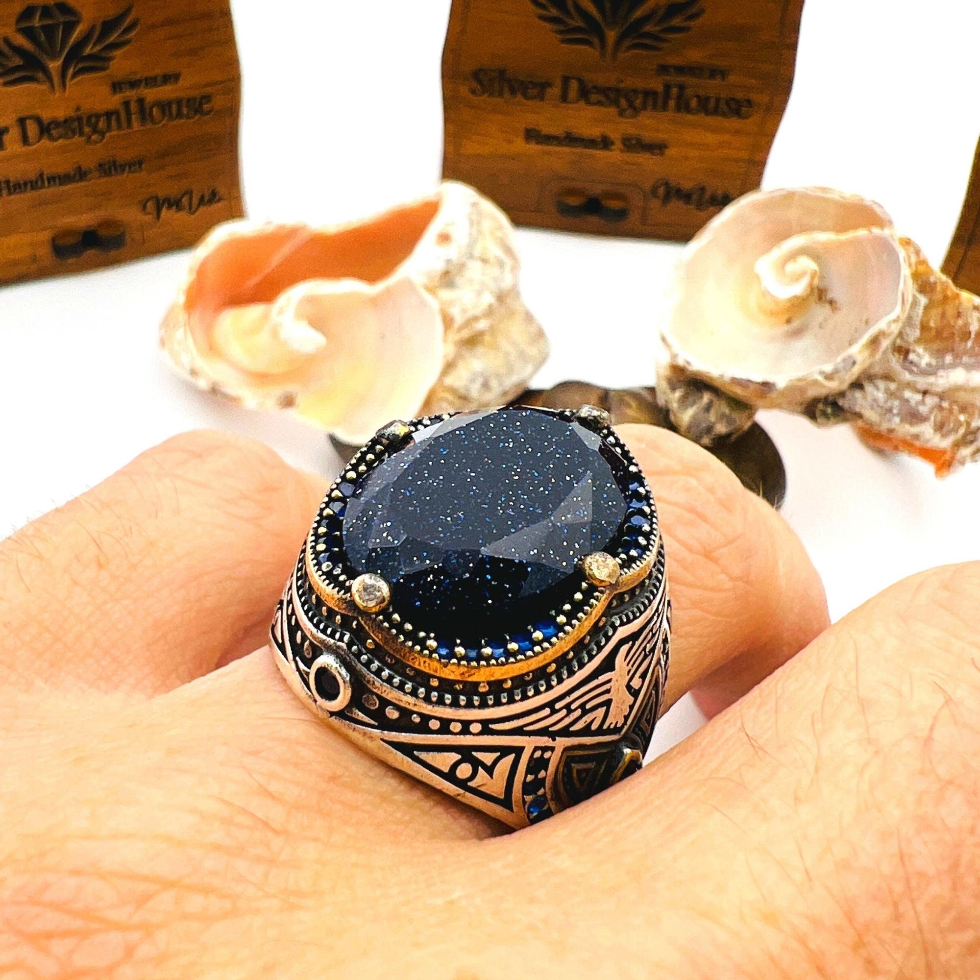 خاتم بيضاوي من الحجر الرملي الفضي الإسترليني 925 مصنوع يدوياً للرجال بتفصيل نسر - مجوهرات بيان على الطراز العثماني