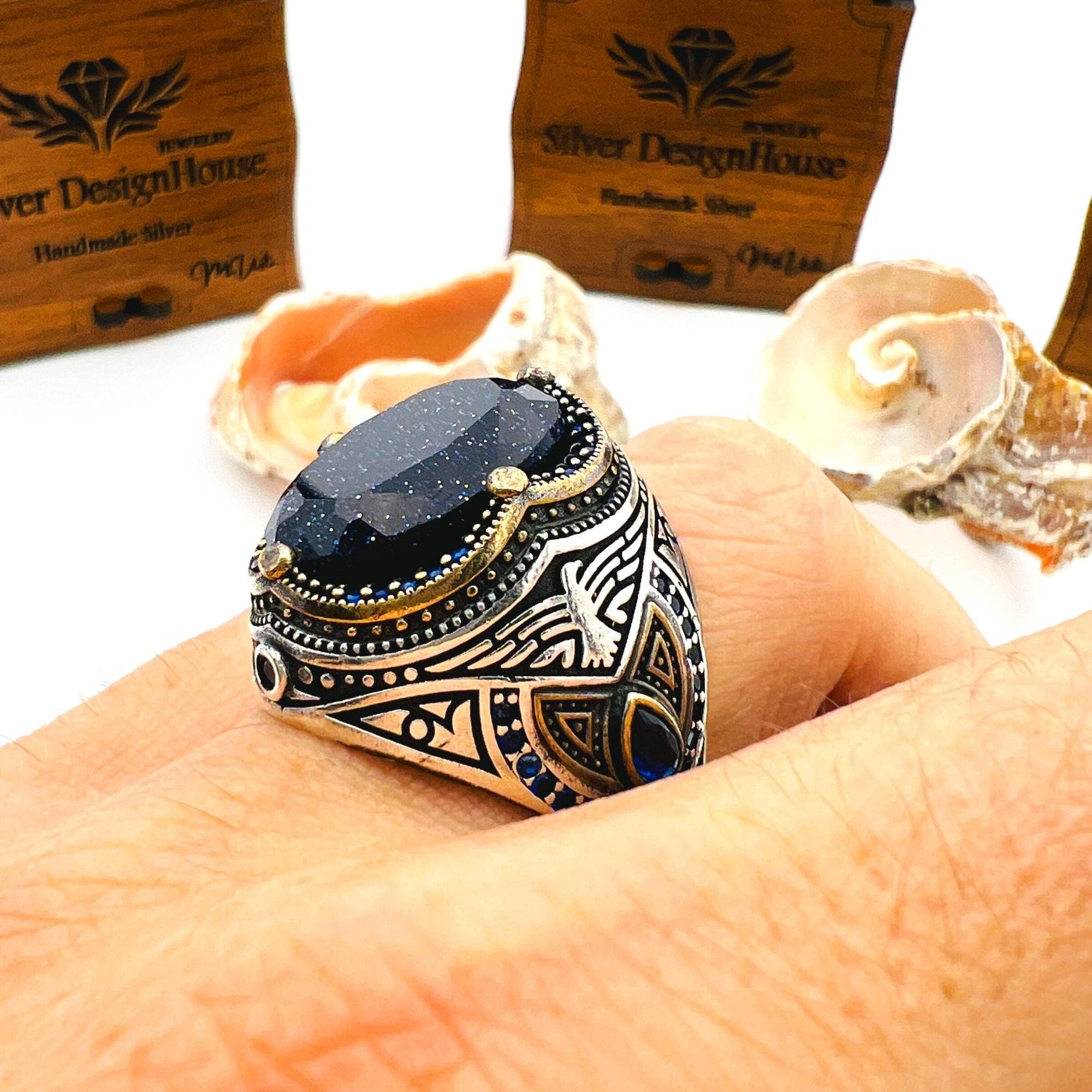 خاتم بيضاوي من الحجر الرملي الفضي الإسترليني 925 مصنوع يدوياً للرجال بتفصيل نسر - مجوهرات بيان على الطراز العثماني