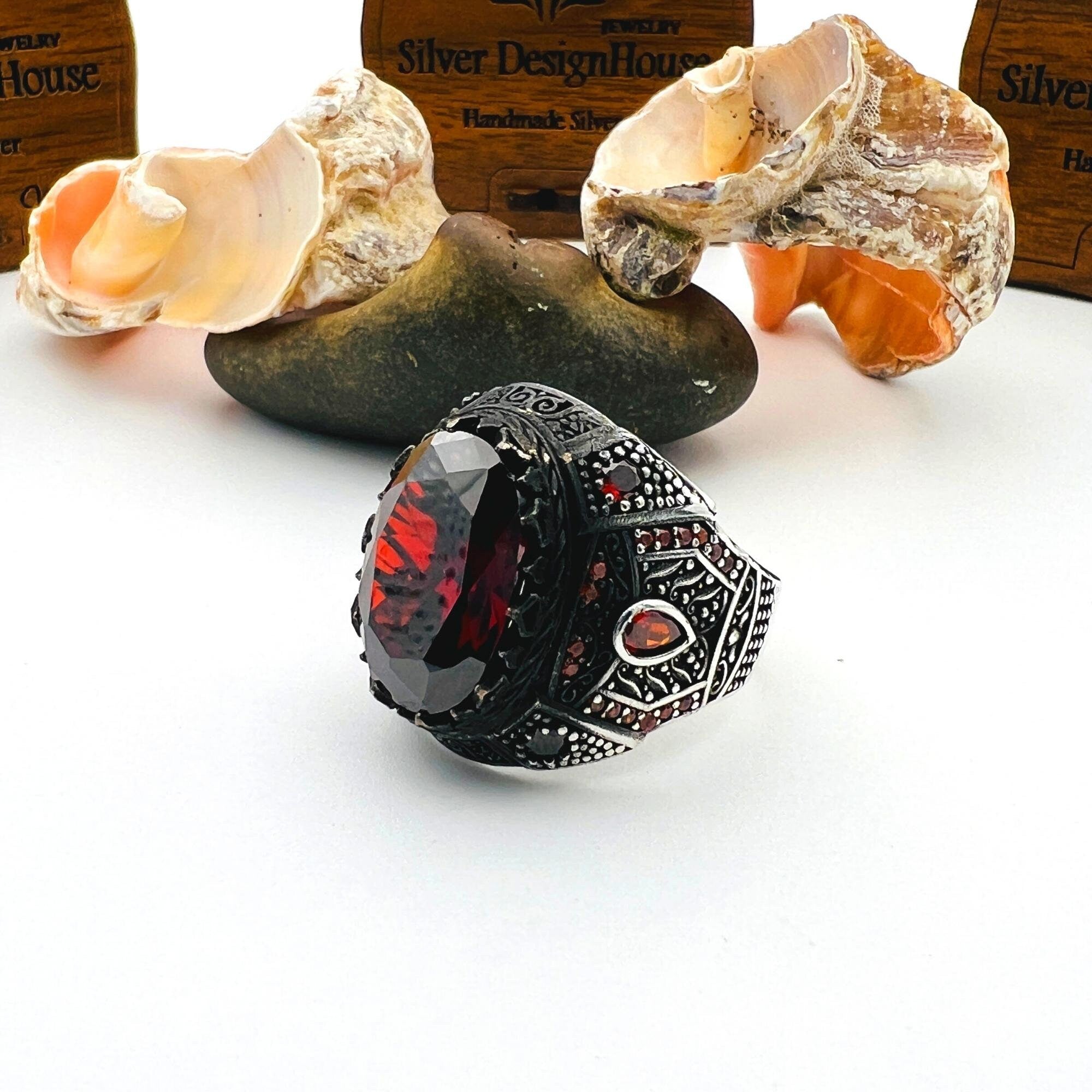 Men's Turkish Handmade Sterling Silver Red Ruby Oval Ring - 925 Gemstone Jewelry Gift for Him