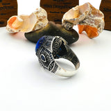 خاتم رجالي فريد مصنوع يدويًا من الفضة الإسترلينية 925 مع توباز أزرق وياقوت - حجر كريم على الطراز العثماني التركي