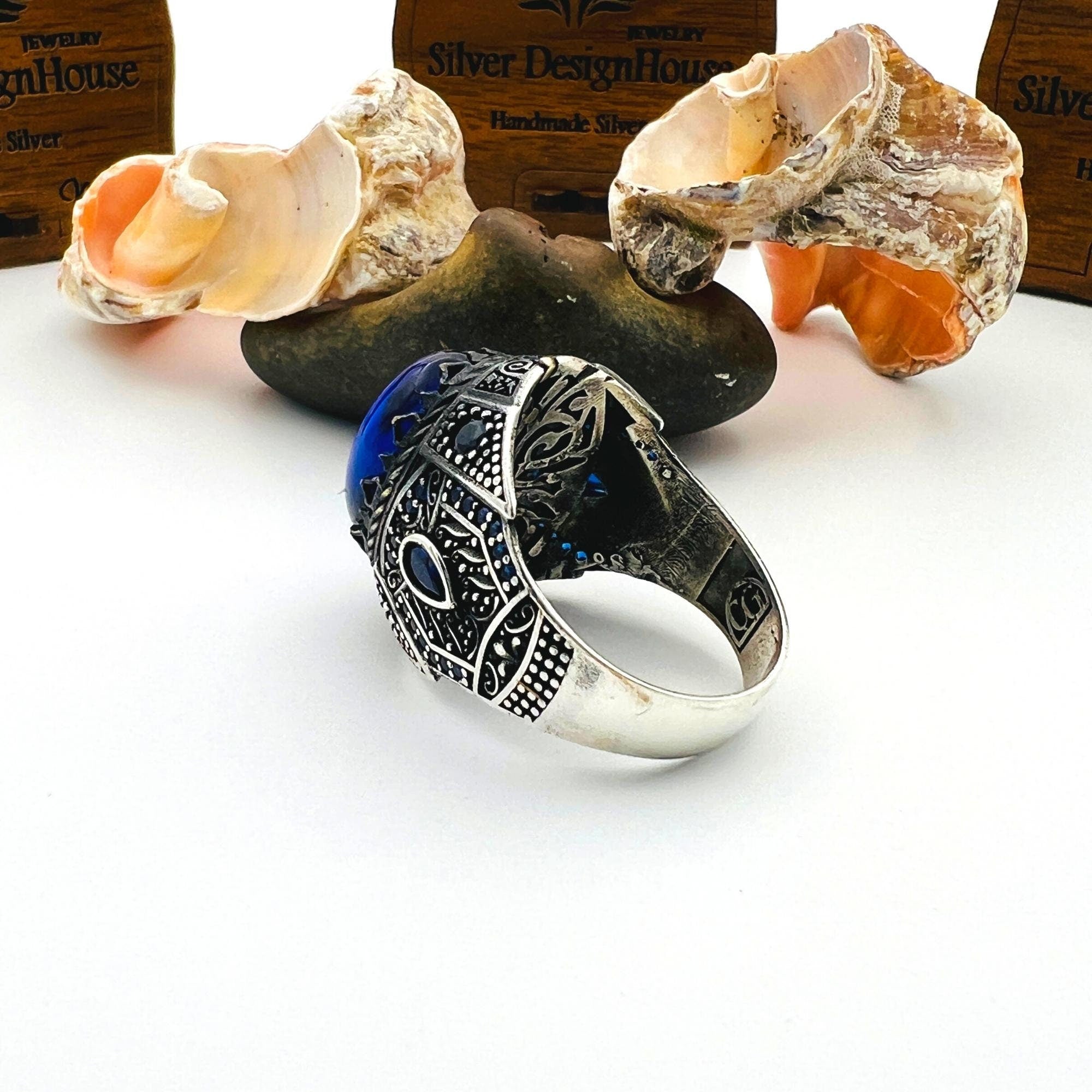 خاتم رجالي فريد مصنوع يدويًا من الفضة الإسترلينية 925 مع توباز أزرق وياقوت - حجر كريم على الطراز العثماني التركي