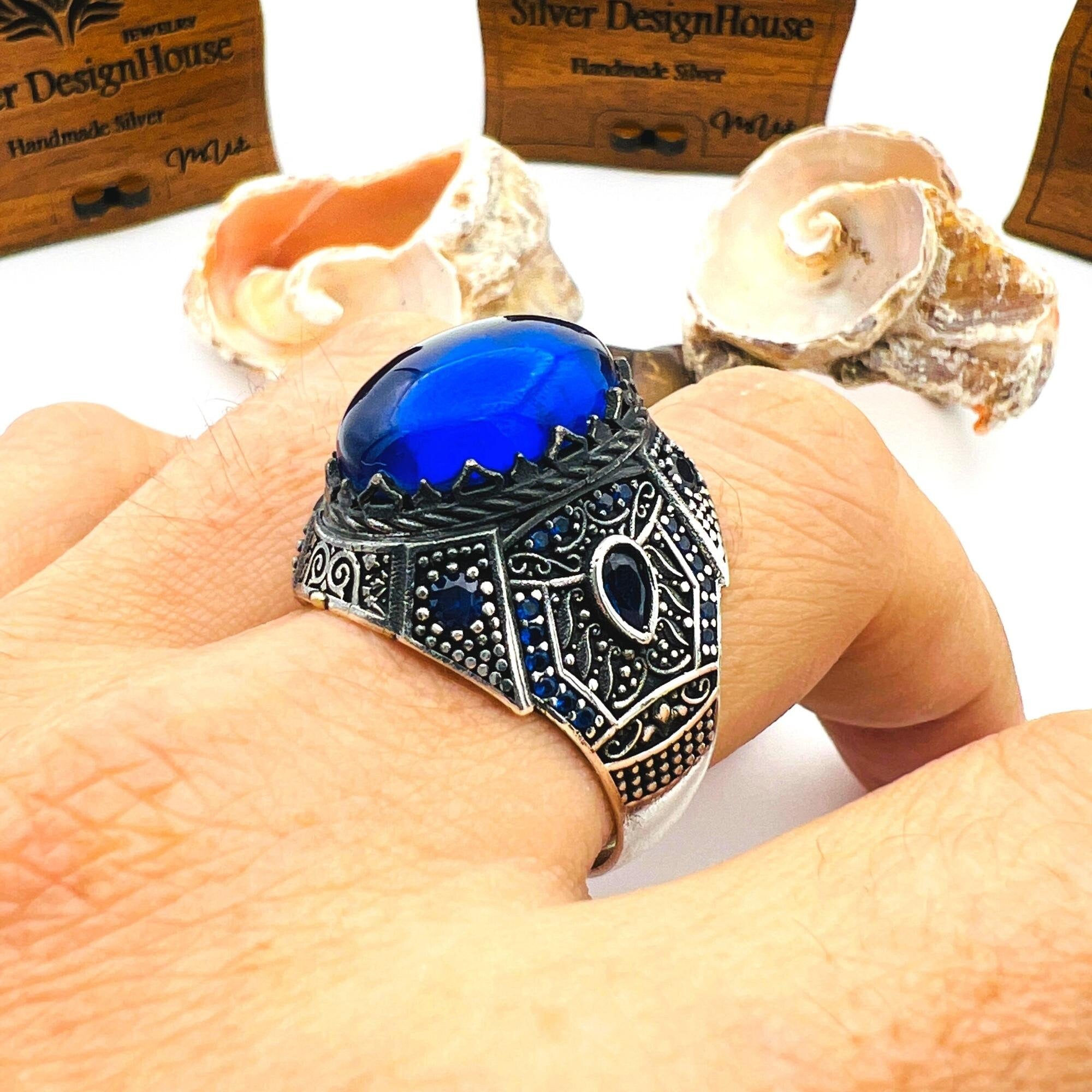 خاتم رجالي فريد مصنوع يدويًا من الفضة الإسترلينية 925 مع توباز أزرق وياقوت - حجر كريم على الطراز العثماني التركي
