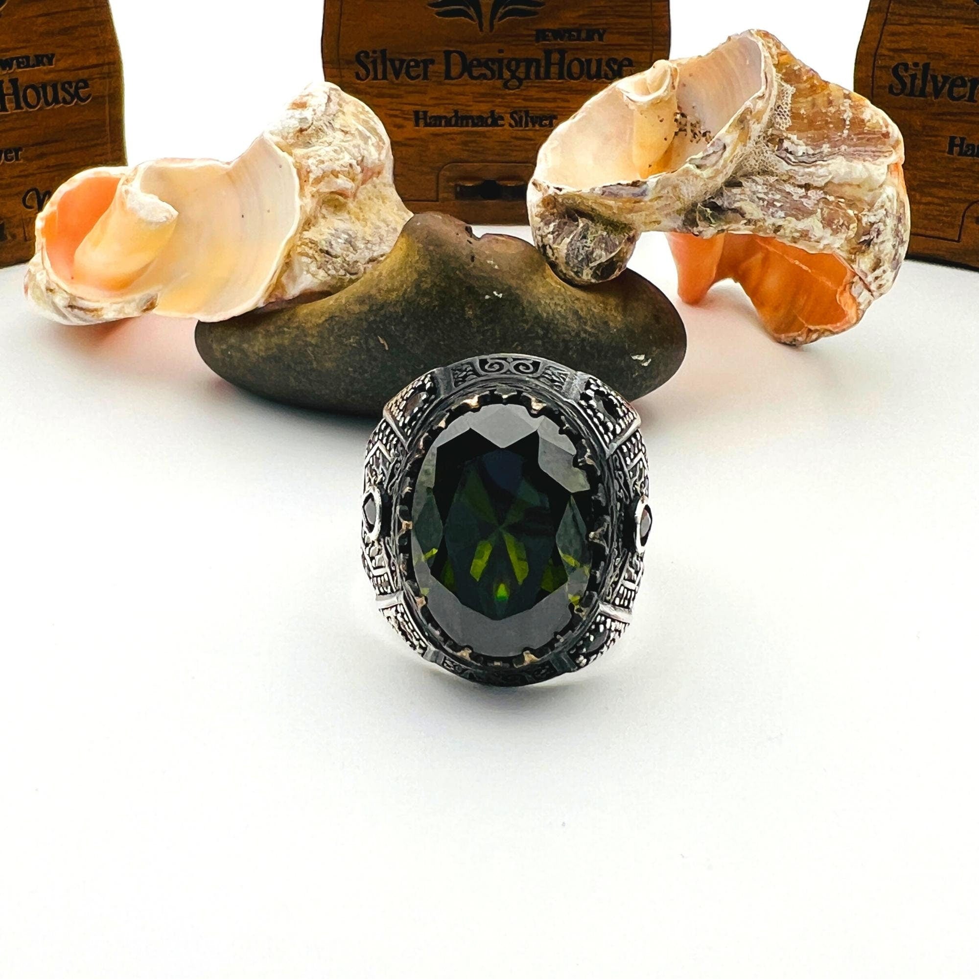 Men's Ottoman Style Peridot Sterling Silver Ring - Handcrafted Turkish Jewelry