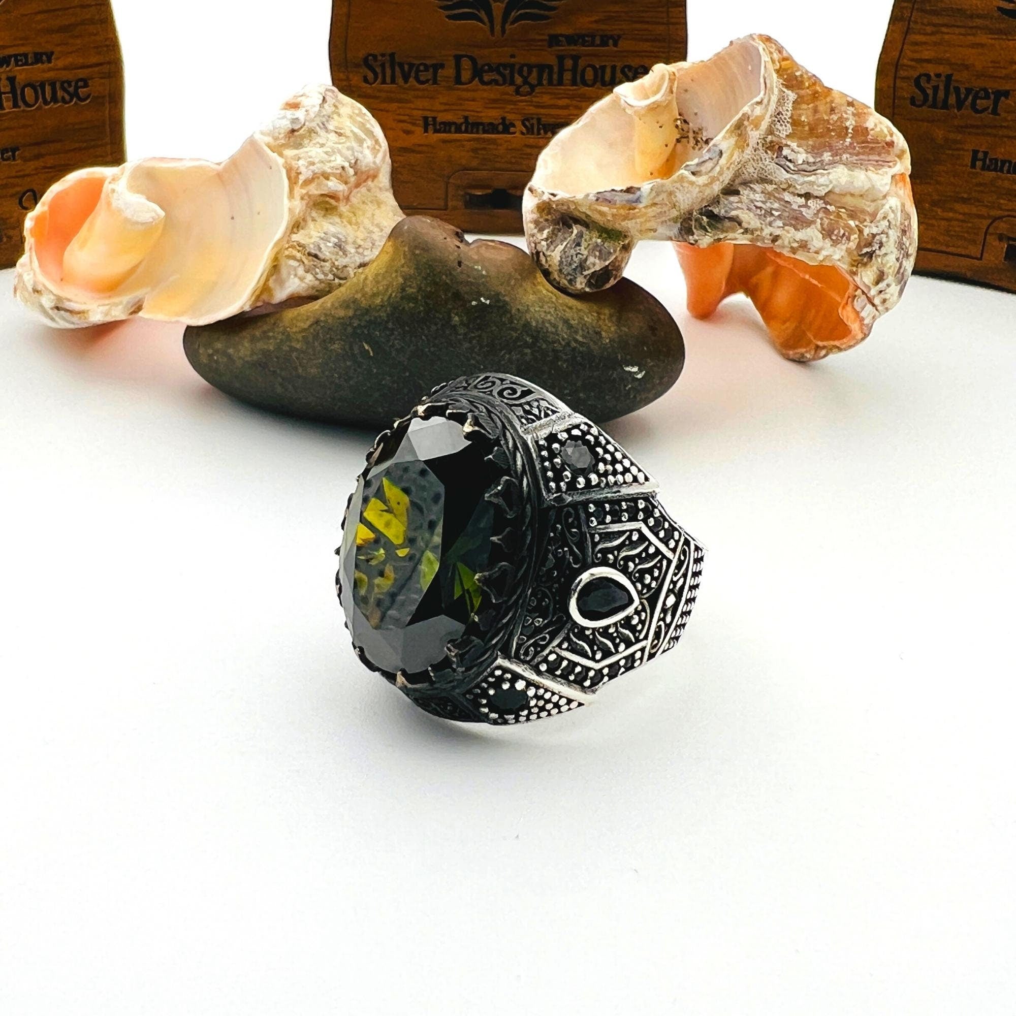 Men's Ottoman Style Peridot Sterling Silver Ring - Handcrafted Turkish Jewelry