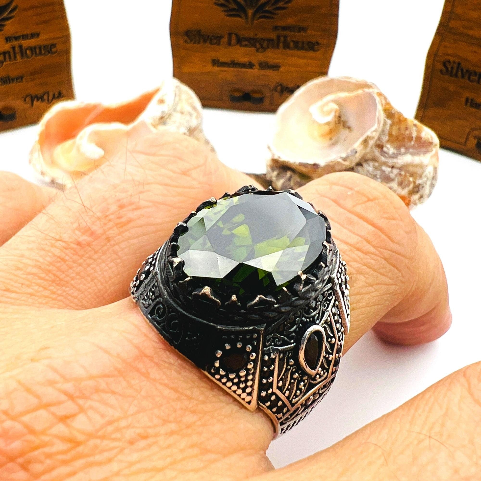 Men's Ottoman Style Peridot Sterling Silver Ring - Handcrafted Turkish Jewelry