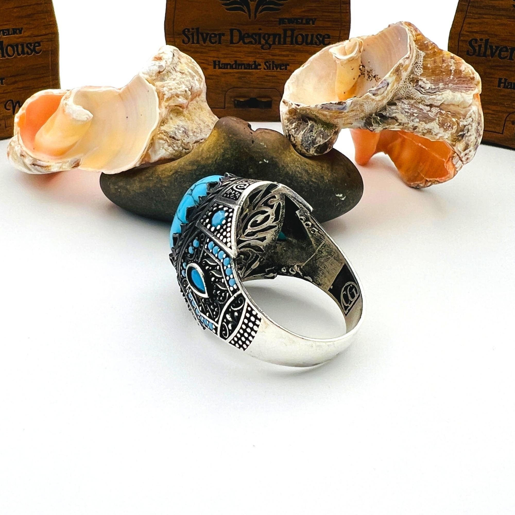 Men's Handcrafted Sterling Silver Blue Topaz Turquoise Ring - Ottoman Style Statement Jewelry Gift