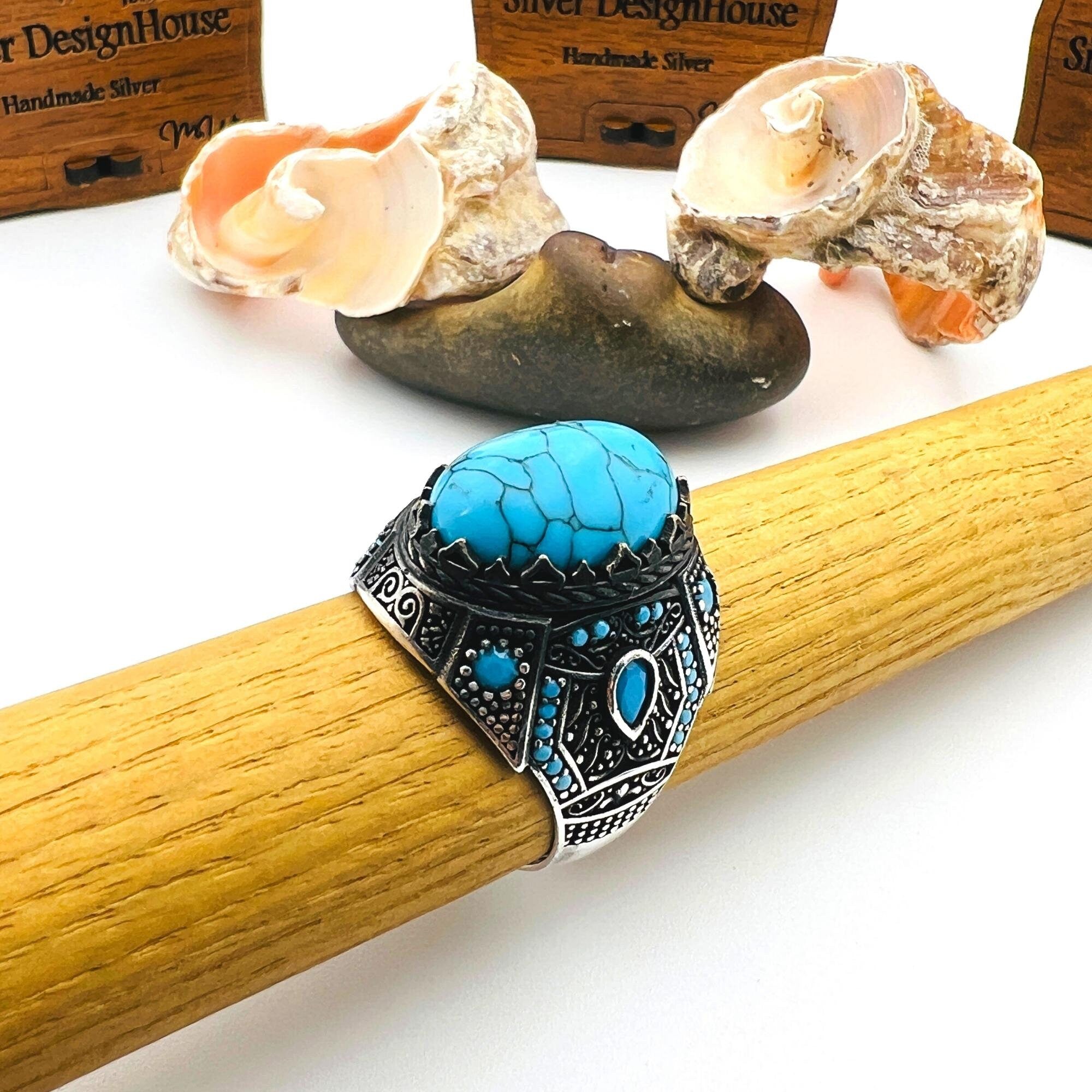 Men's Handcrafted Sterling Silver Blue Topaz Turquoise Ring - Ottoman Style Statement Jewelry Gift