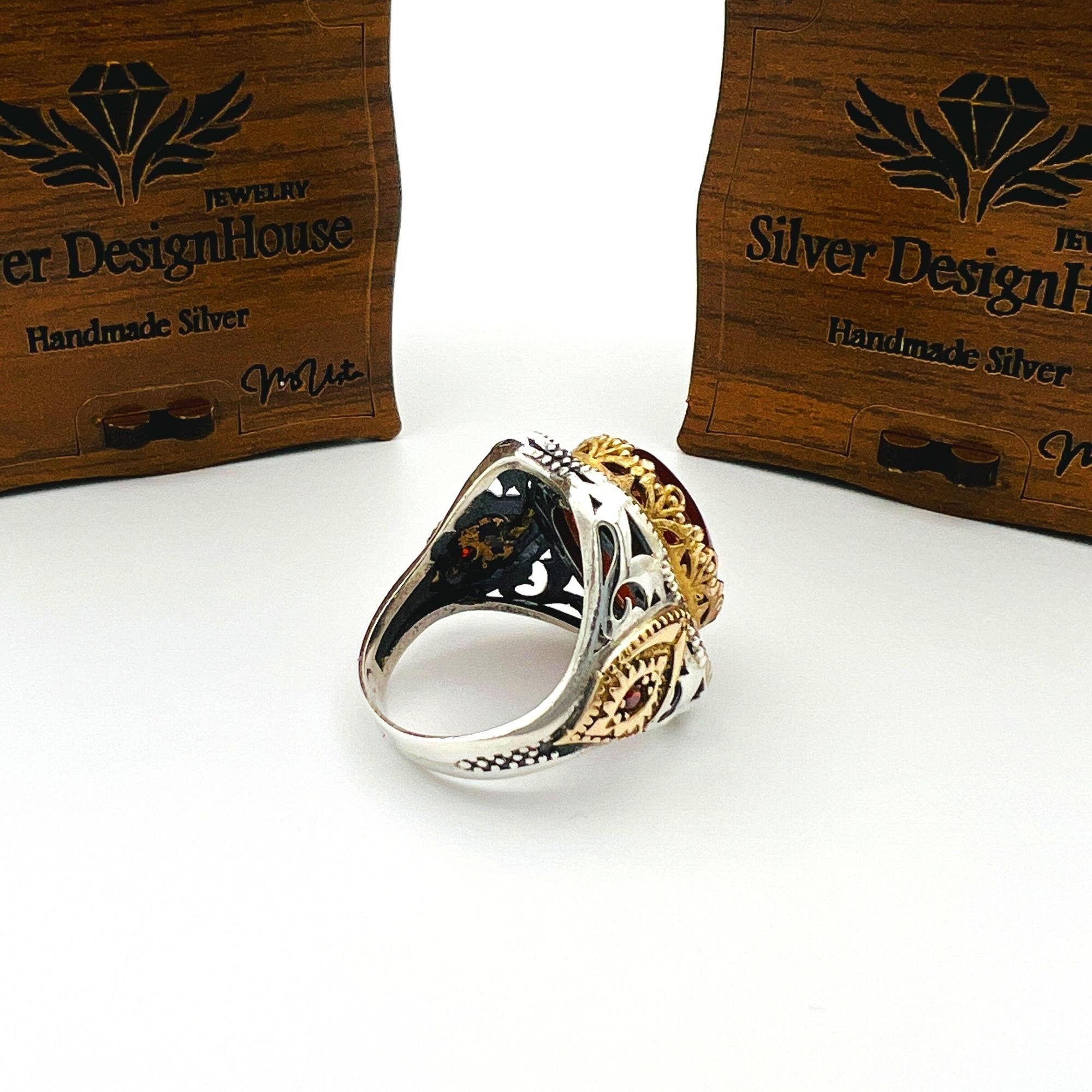خاتم فضة استرلينية للرجال من العقيق الأحمر مصنوع يدوياً | مجوهرات بيان على الطراز العثماني
