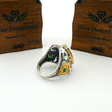 خاتم عثماني رجالي يدوي الصنع من الفضة الإسترلينية 925 مع تورمالين أخضر - تصميم بيضاوي فريد