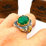 خاتم عثماني رجالي يدوي الصنع من الفضة الإسترلينية 925 مع تورمالين أخضر - تصميم بيضاوي فريد