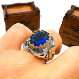Turkish Handmade Men's Ottoman Blue Sapphire 925 Sterling Silver Ring