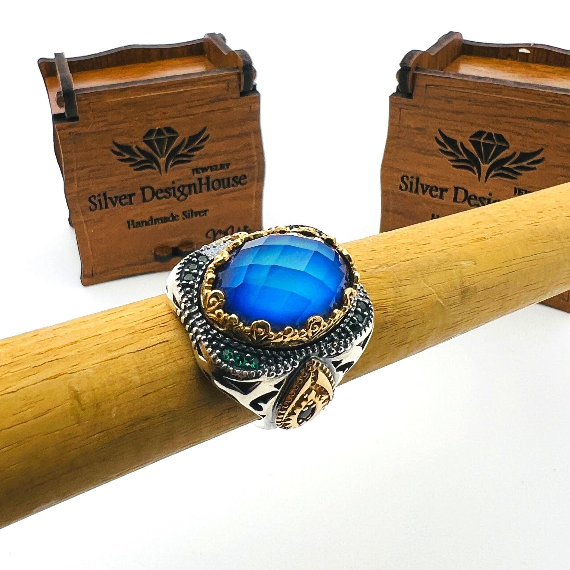 خاتم رجالي تركي أصلي مصنوع يدويًا من الفضة الإسترلينية 925 بحجر بيضاوي متعدد الألوان