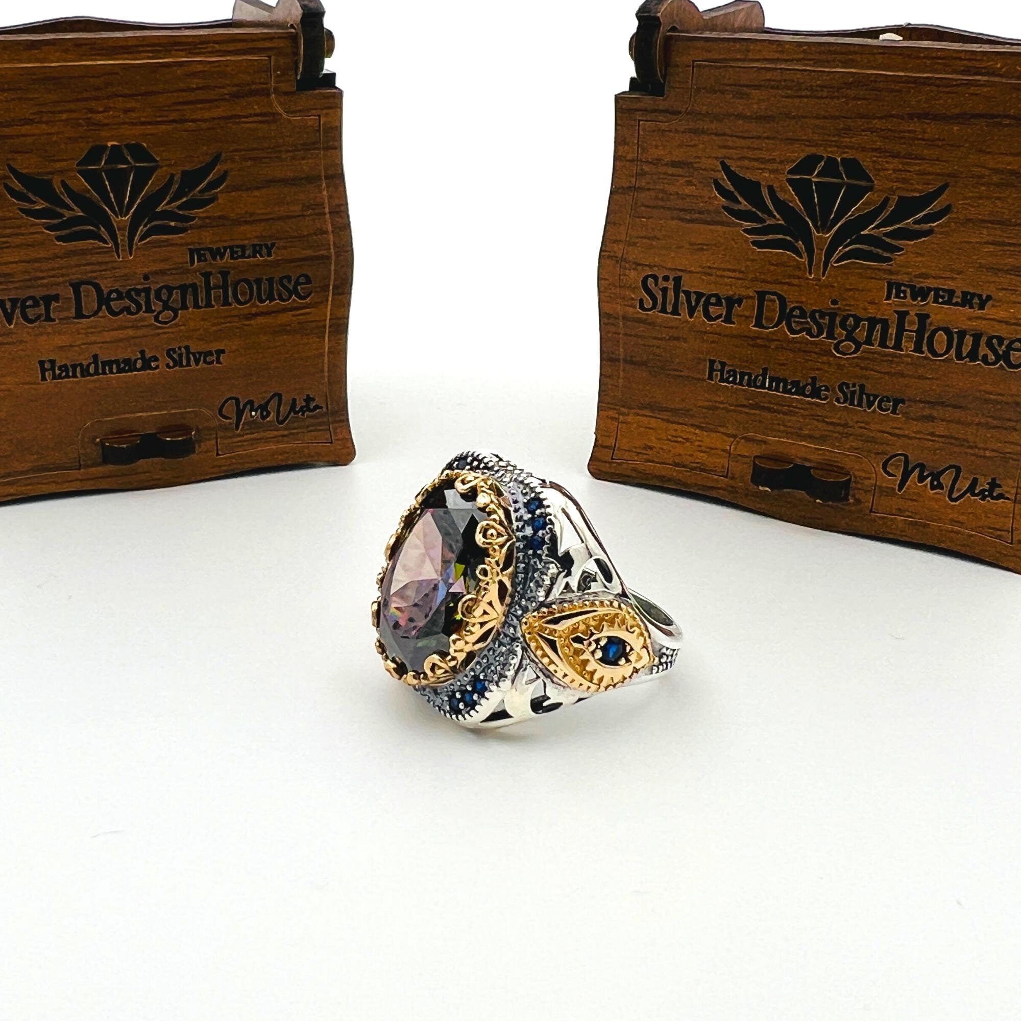 خاتم رجالي عثماني تركي يدوي الصنع من الفضة الإسترلينية متعددة الألوان بتصميم بيضاوي من التانزانيت